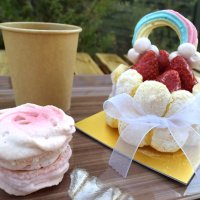 来場者が収穫したイチゴを使って自ら完成させる「体験型スイーツ」（右）と平日限定のバラ型マカロン