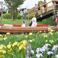来園者から祝福の声をかけられ、手を振り返す新郎新婦＝３１日、香取市の水郷佐原あやめパーク